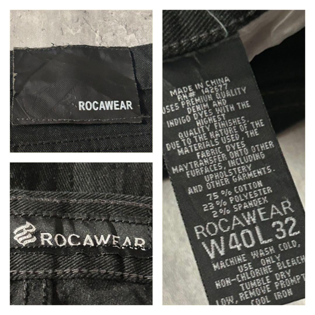 B39【W40】ROCAWEAR ブラックデニムパンツ ストレッチ 刺繍ロゴ