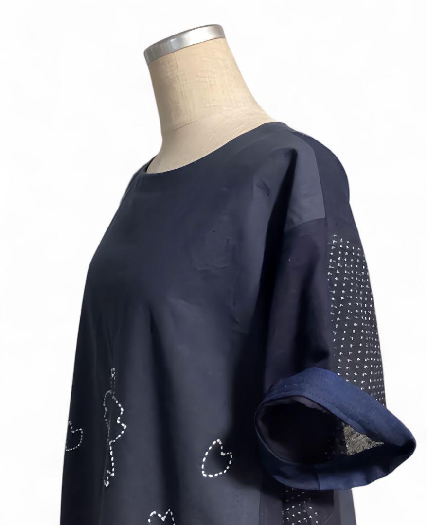 昔木綿藍染古布・刺し子・蚊絣パッチワークのハンドメイド一点物コクーンワンピース