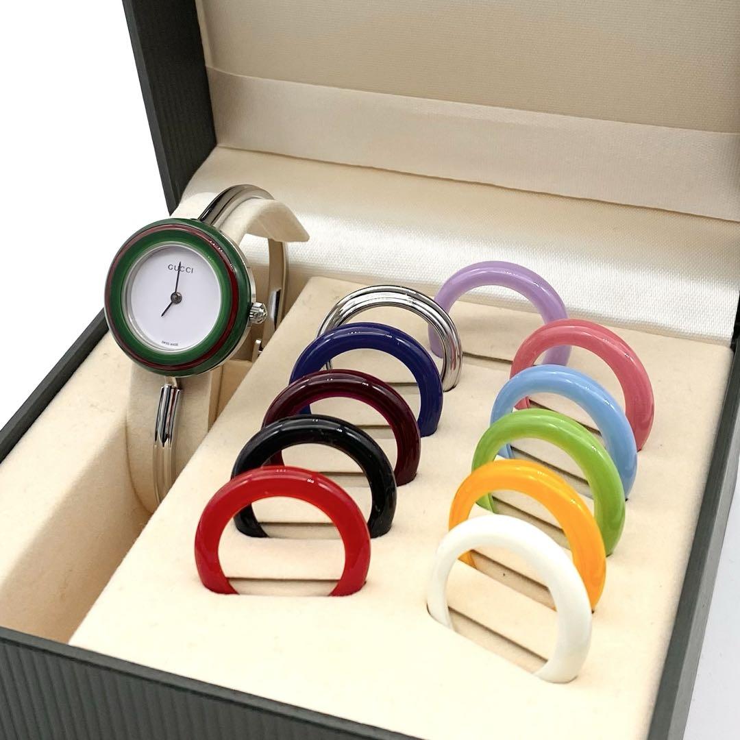 【美品】GUCCIレディースチェンジベゼル腕時計（電池交換済）をお譲りいたします 良品☆稼働 グッチ チェンジベゼル 新品電池 レディース腕時計
