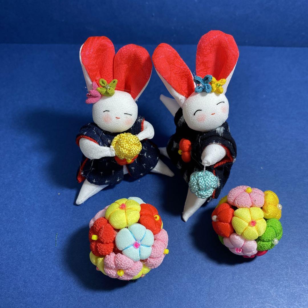 ちりめん細工，うさぎちゃんとチビたん人形のセット，古布