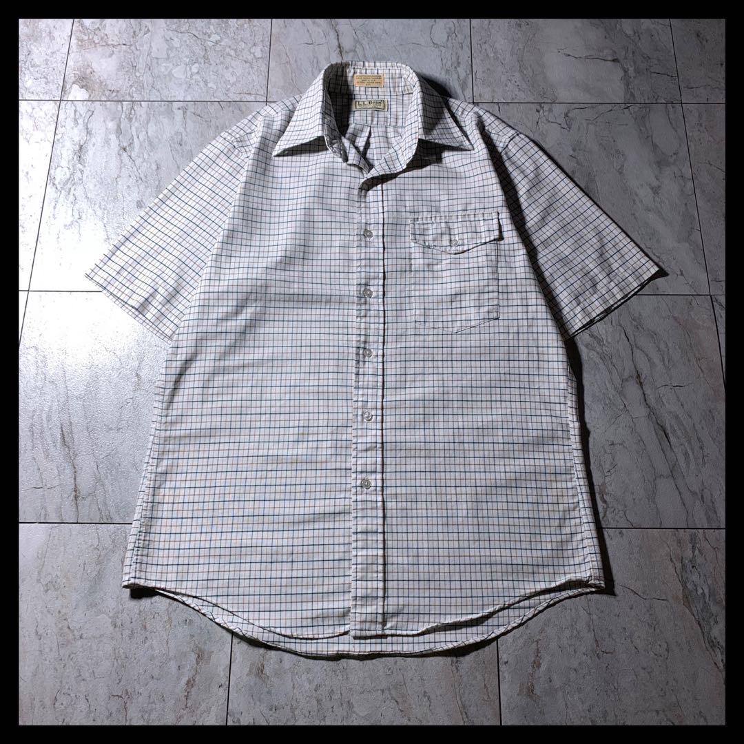 90s USA製 L.L.Bean 格子柄 チェック BDシャツ 半袖 白緑