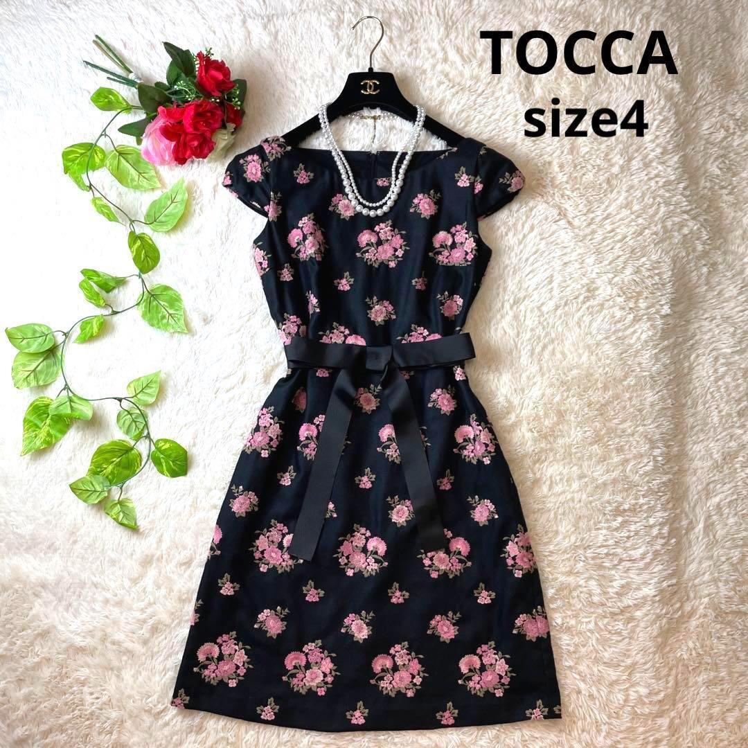 トッカ ワンピース リボン 刺繍 サイズ4 TOCCA 花 Lサイズ 大きいサイズ☆トッカ ワンピース 花柄 刺繍 4 L 青 ブルー 総柄