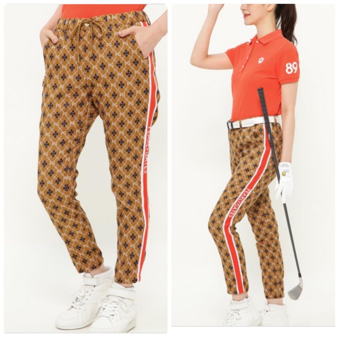 アメリカ通販ファッション 極美品 パーリーゲイツ ジョガーパンツ 総柄 ロゴ ブラウン系 レディースウェア