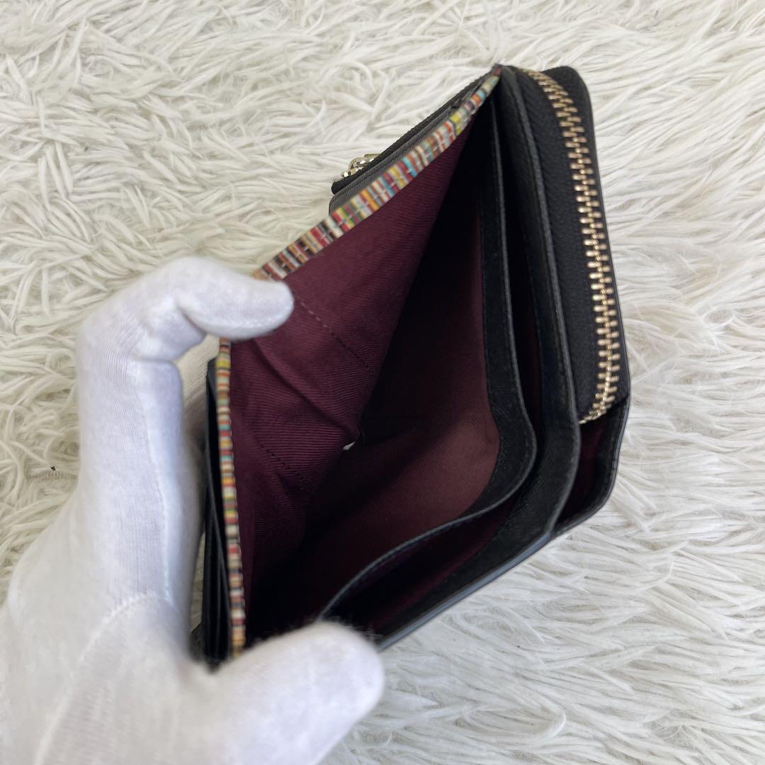 美品✨ポールスミス 二つ折り 財布 レザー マルチストライプ ブラック ミニ