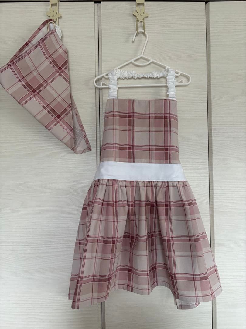 R様リクエスト　ピンクチェック　ギャザーエプロン　三角巾　着脱簡単タイプ
