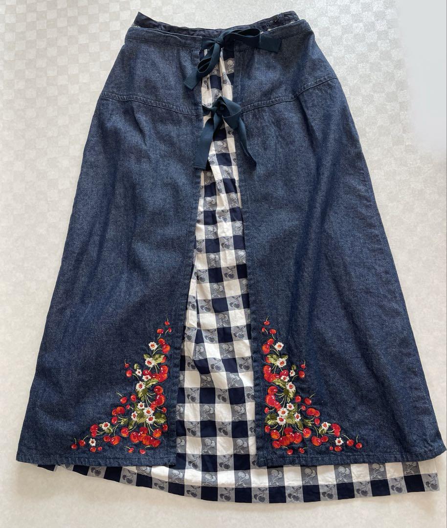 ピンクハウス　PINKHOUSE ロングスカート 2重　デニム　さくらんぼ 刺繍