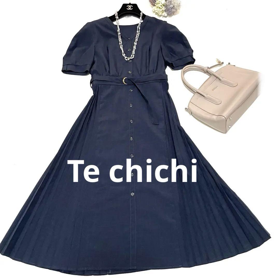 新品同様 テチチ ロングワンピース 麻調プリーツワンピース サイズフリーネイビー