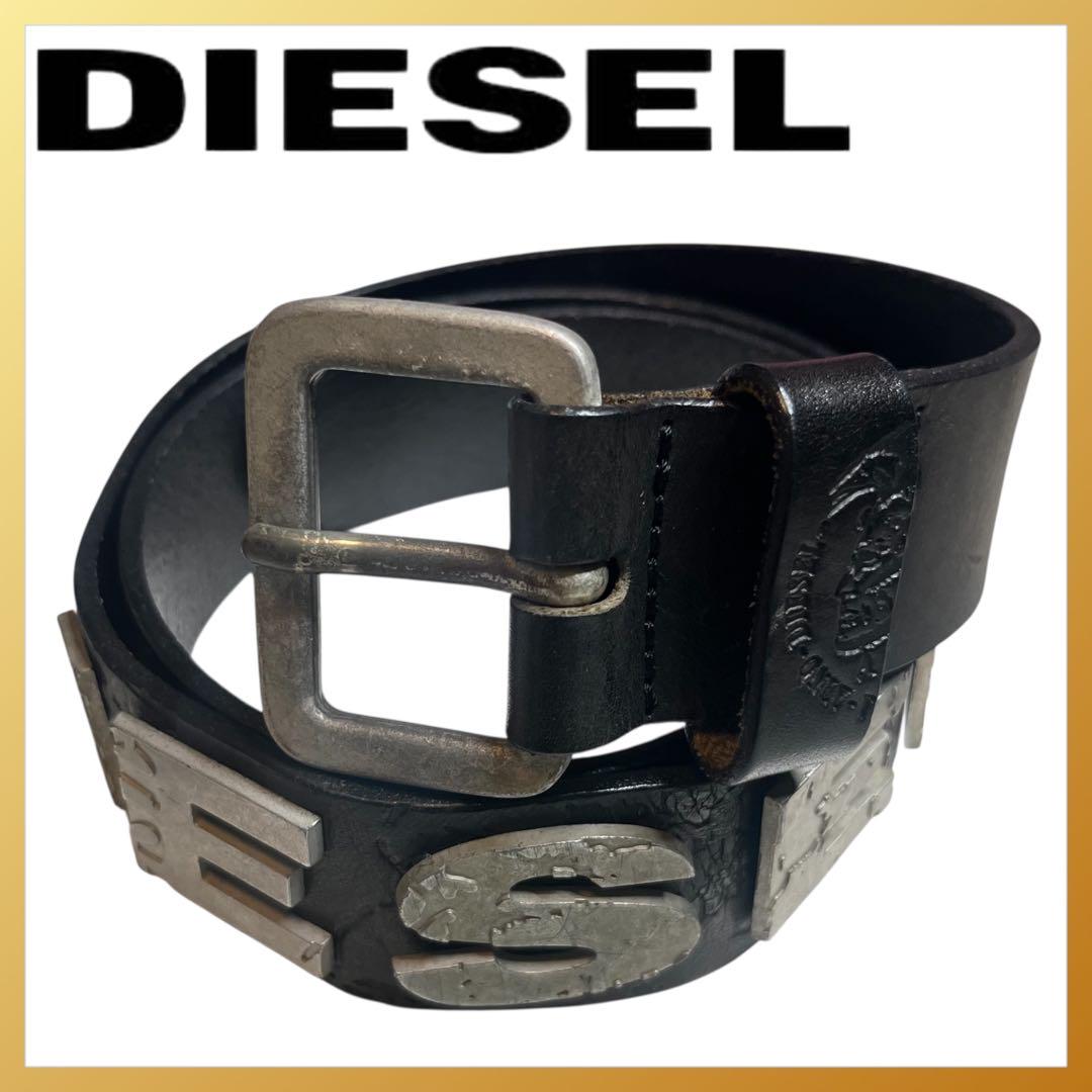 DIESEL ディーゼル 本革 レザー ベルト メタルロゴ ビックロゴ 刻印 黒