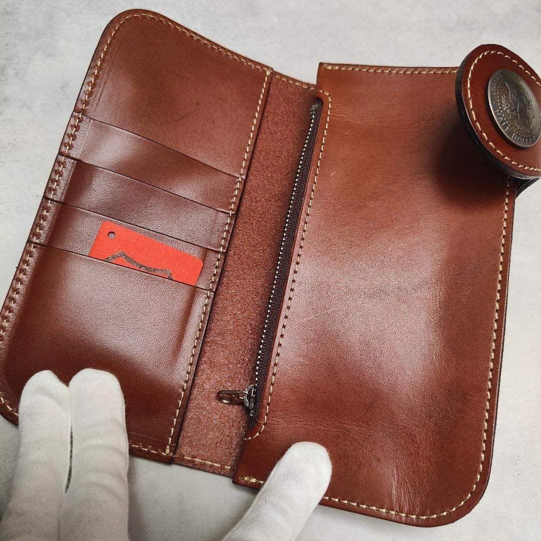 未使用級 国産栃木レザー バイカーズウォレット ブラウン 未使用級 国産栃木レザー バイカーズウォレット ブラウン