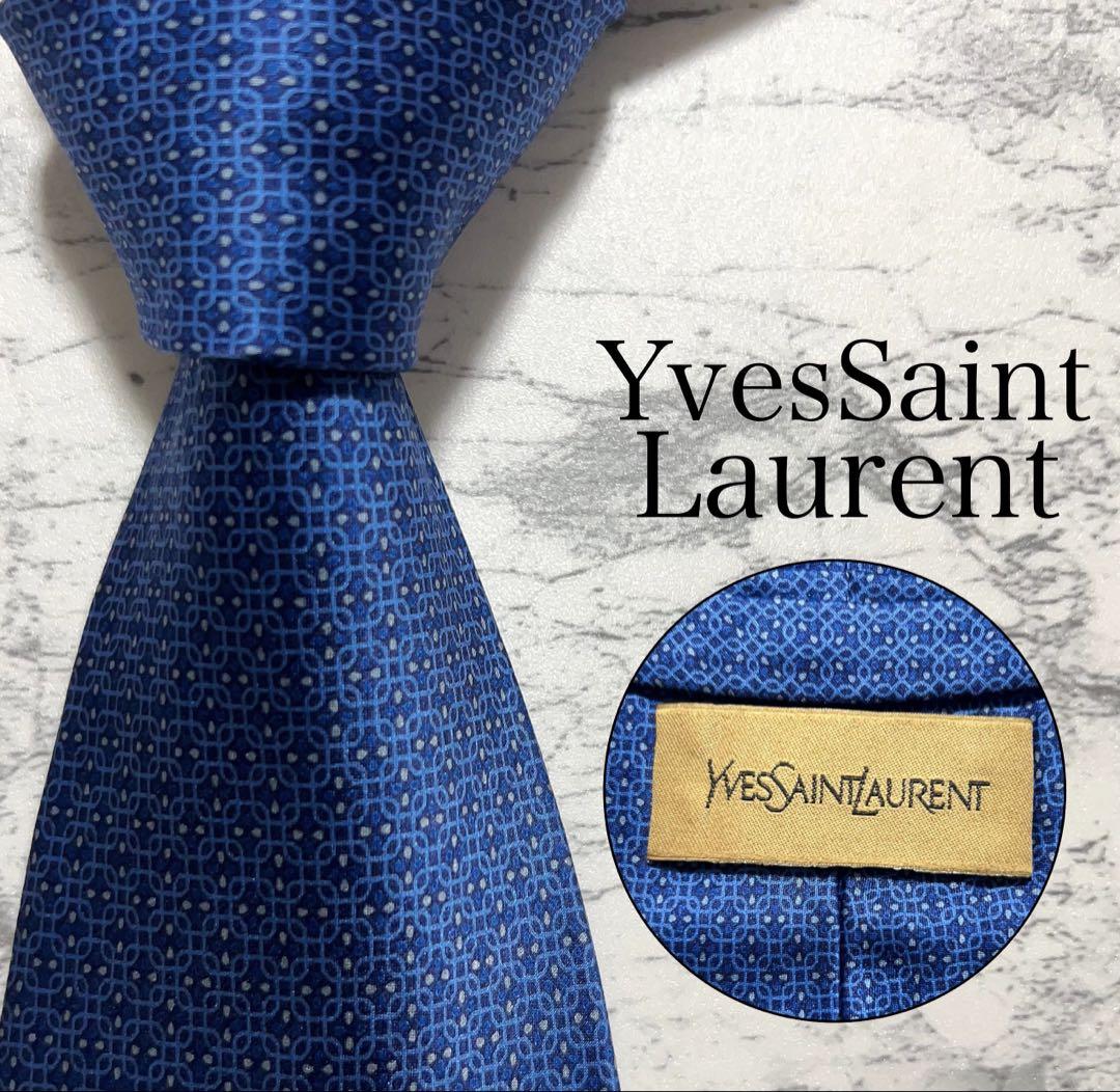 Yves Saint Laurent ネクタイ 総柄 ブルー 光沢小物