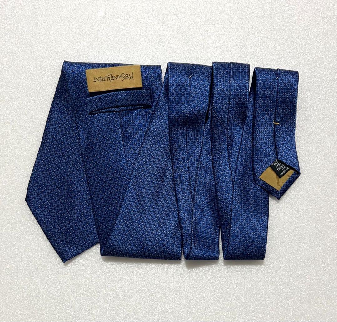 Yves Saint Laurent ネクタイ 総柄 ブルー 光沢