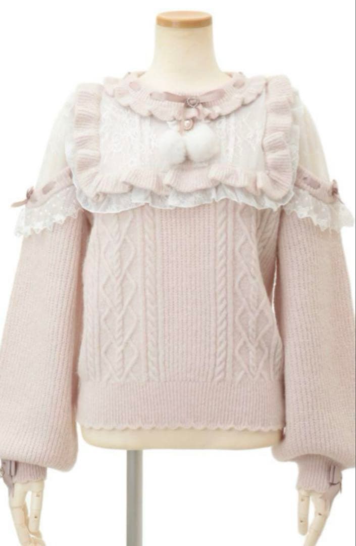 LIZLISA ポンポンリボンレースヨークニットトップス ピンク