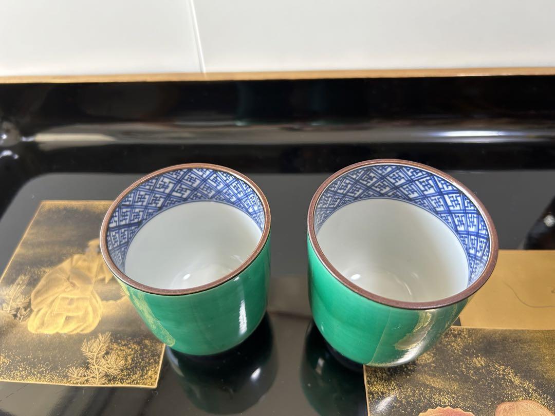 極美品九谷焼作家物山本長左美しい緑色 湯飲み 2個セット