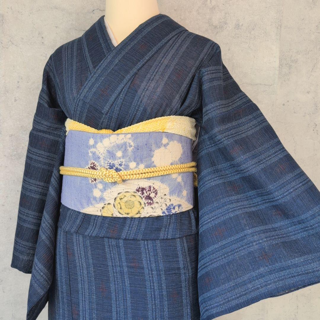 夏着物　正絹　小紋　フルセット　単衣　青紺　ストライプ　帯辻ヶ花　F前 夏着物 正絹 小紋 フルセット 単衣 青紺 ストライプ 帯辻ヶ花 F