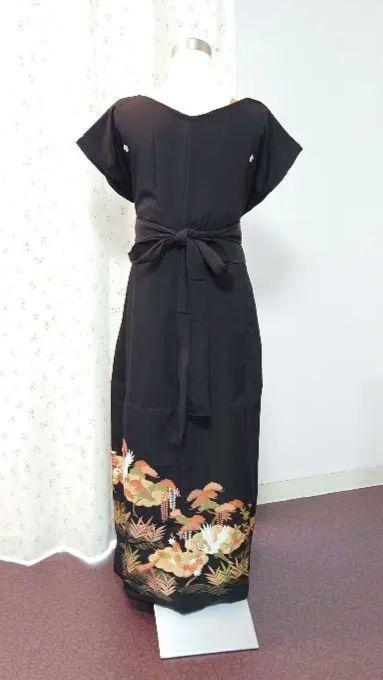 着物リメイクロングワンピースドレス黒留袖パーティー三つ紋金糸鶴豪華絢爛