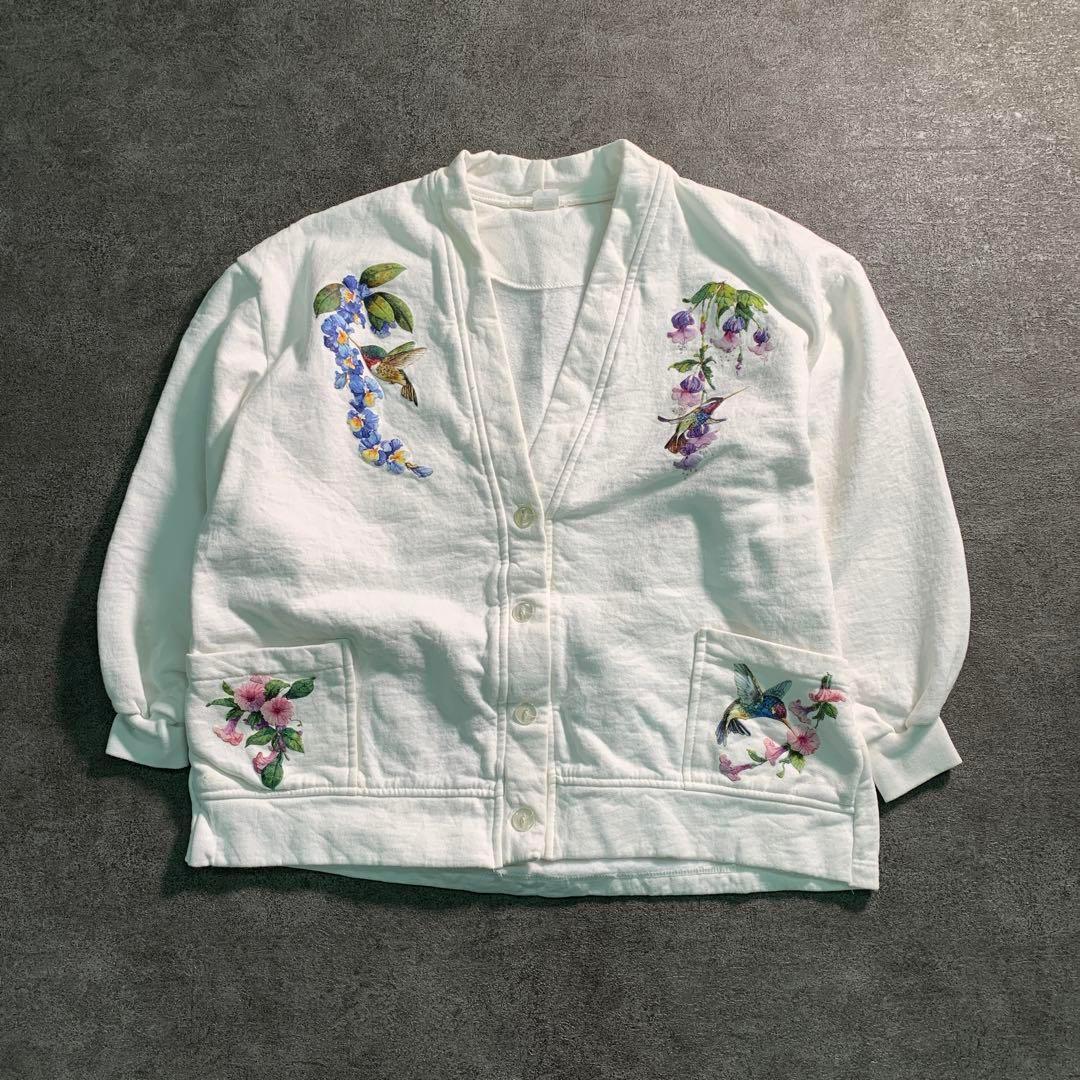 90’s USA製 スウェットカーディガン 花鳥プリント 古着6TAS1