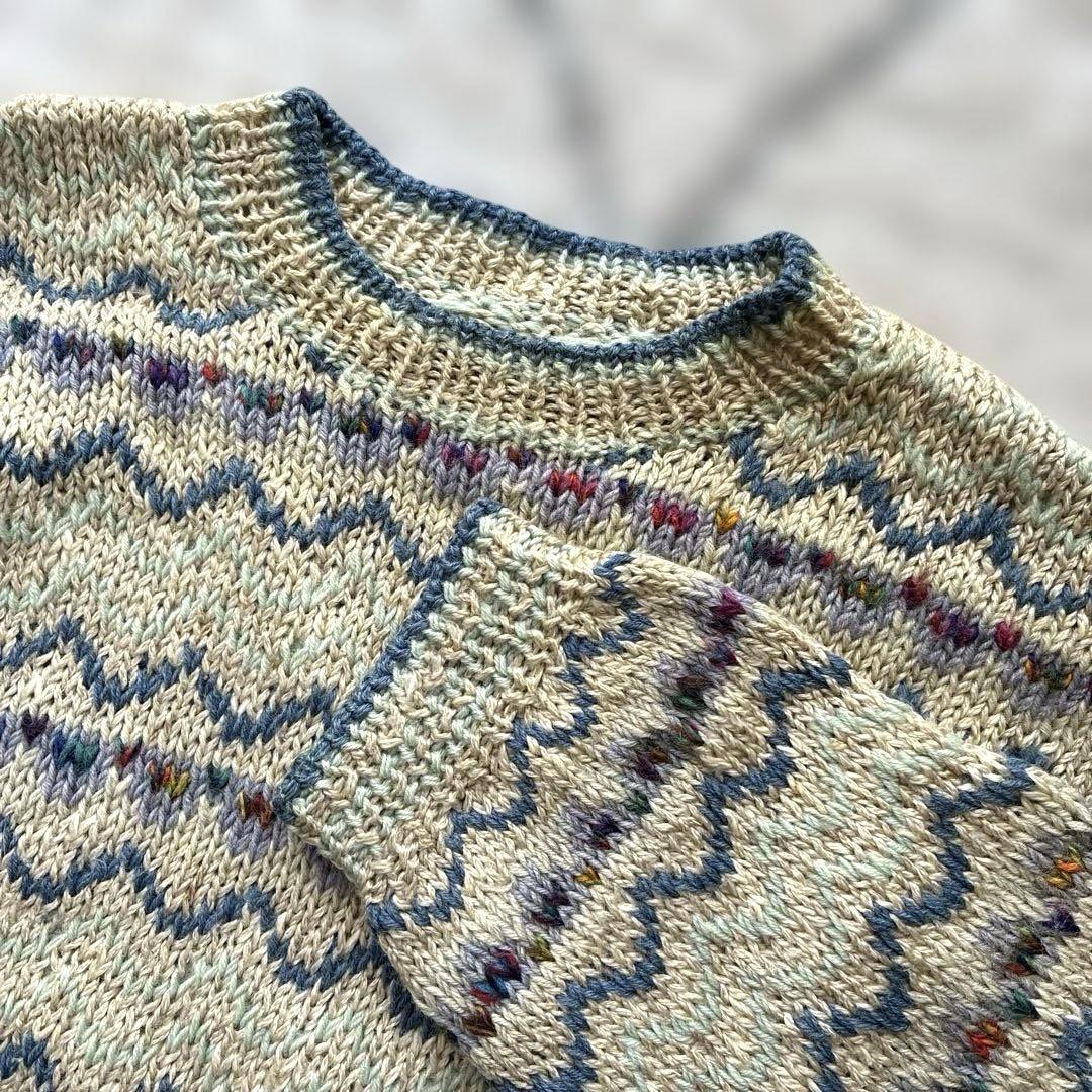 ベージュ系マルチカラーボーダー 手編みセーター ヴィンテージ ベージュ系マルチカラーボーダー 手編みセーター ヴィンテージ