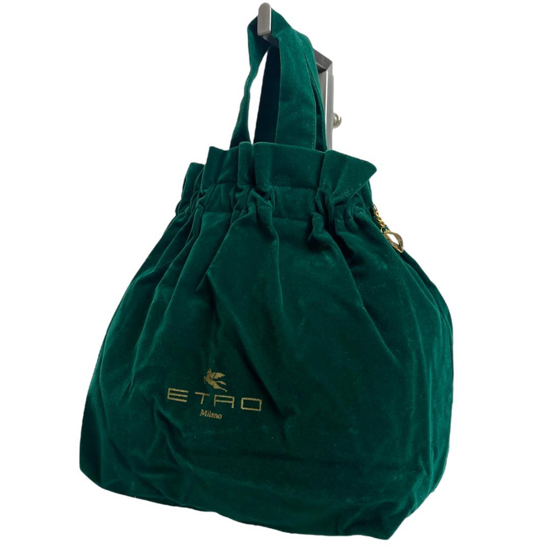 美品 ETRO 2944 巾着 ベロア ハンドバッグ 緑 ETRO ゴールド金具
