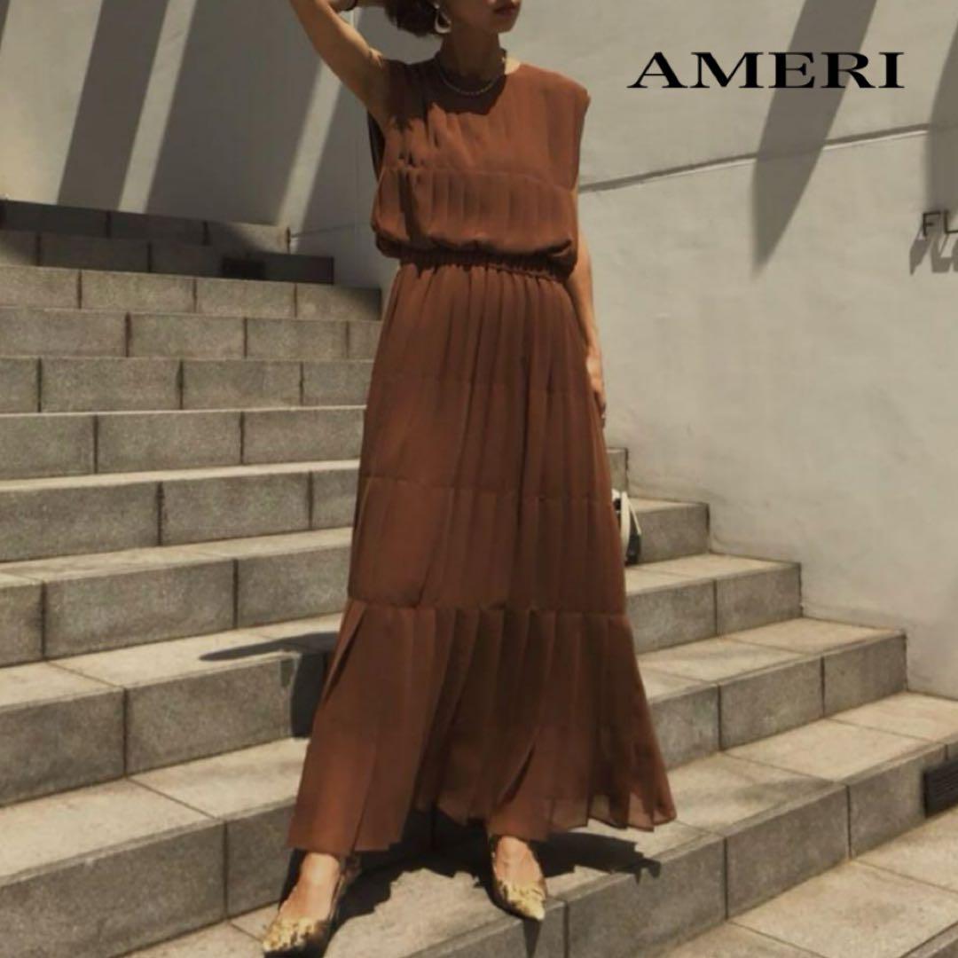 アメリAMERI ブラウンノースリーブプリーツロングワンピース