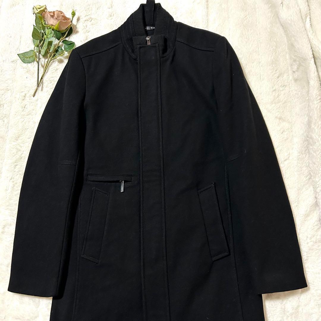ZARA MAN ウールコート M（L) 黒 フード 美品 比翼ジップ すれれ