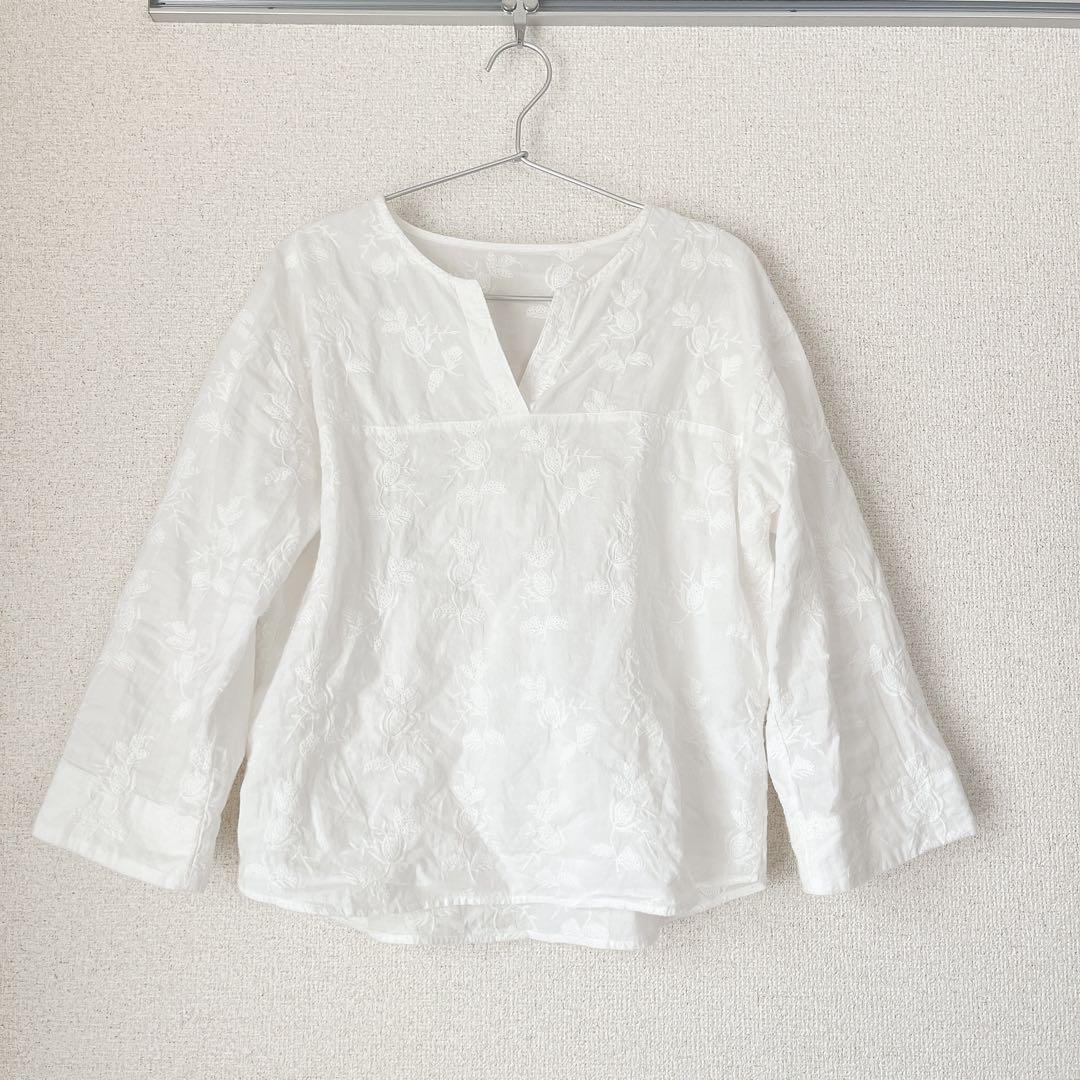 お洒落 ノンブルアンペール 刺繍柄 ホワイト カットソー フリー