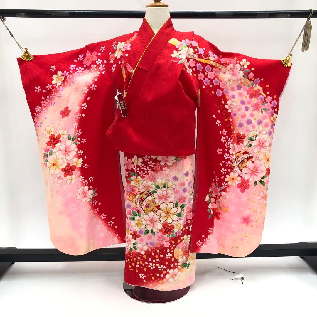 七五三　正絹　女の子　四つ身　赤　3歳～7歳　着物のみ　中古品　u-426