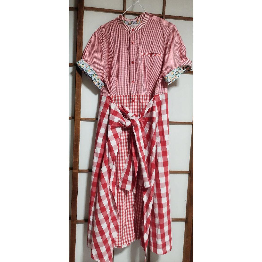美品　河谷シャツ　切り替え生地ロングシャツワンピース　ギンガム　赤　S