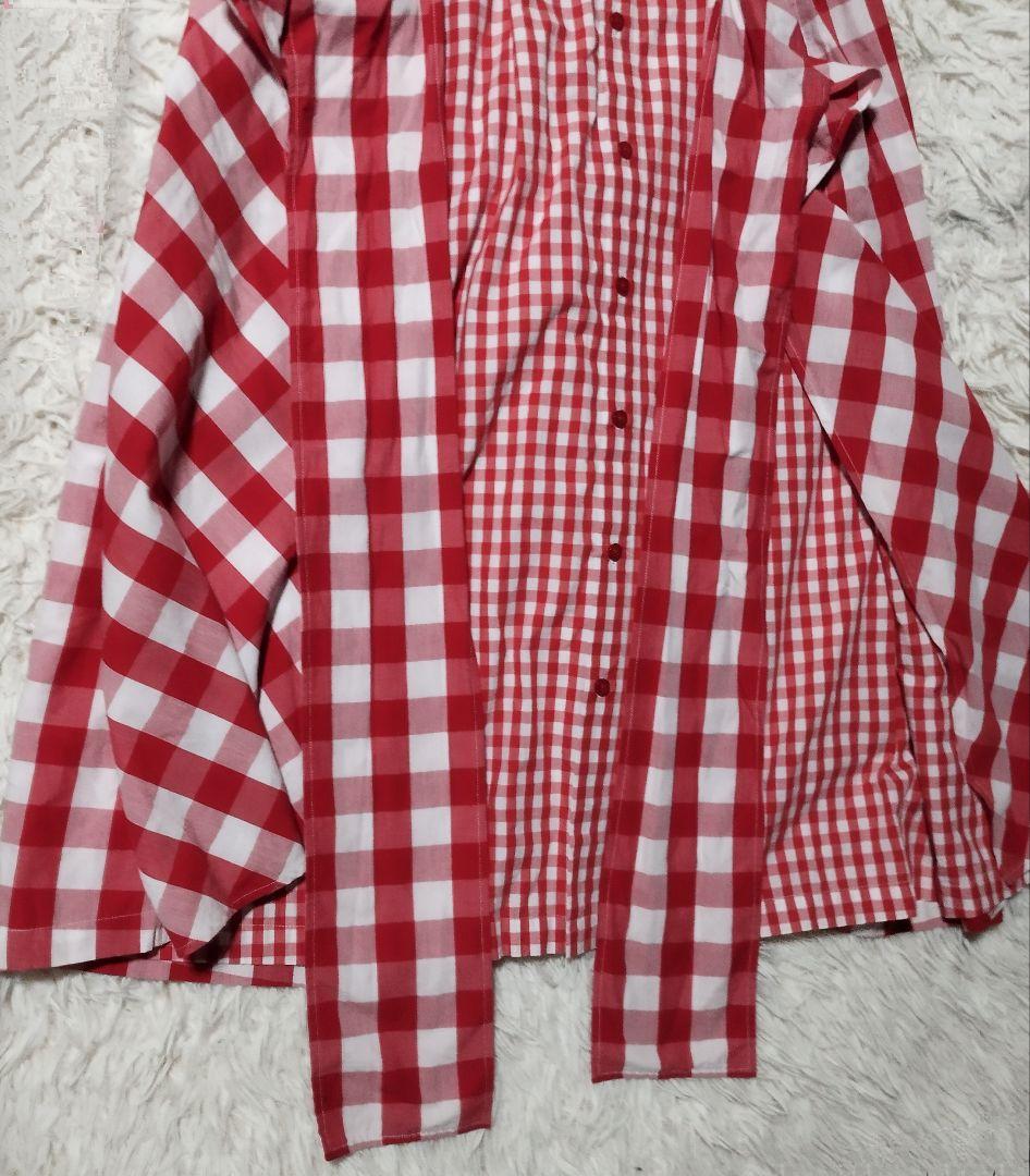 美品　河谷シャツ　切り替え生地ロングシャツワンピース　ギンガム　赤　S