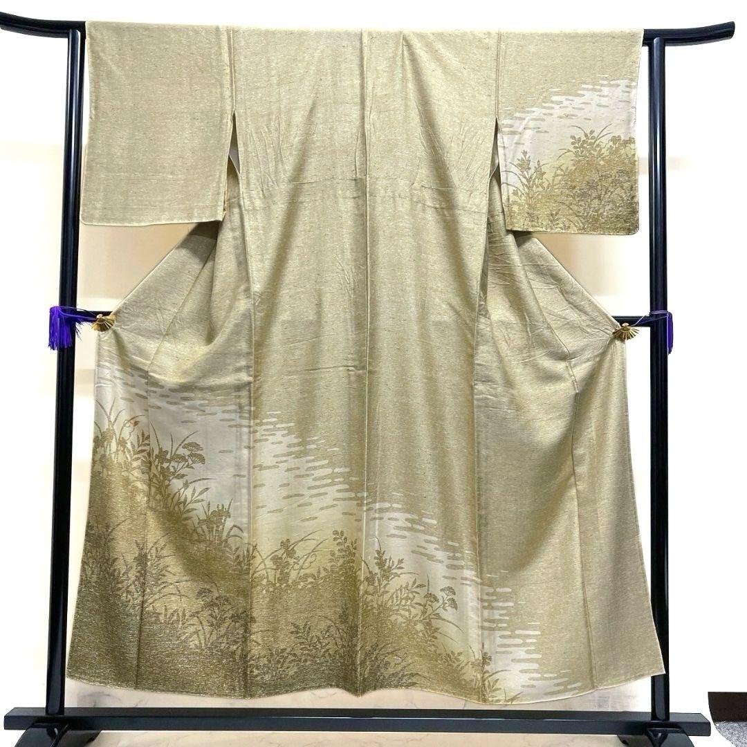 付け下げ 単衣 紬地 霞 リーフ模様 花模様 着物 045a p