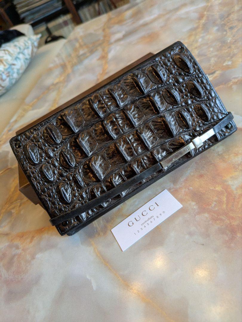 GUCCI ホーンバッククロコダイル×カーフレザー長財布　艶ブラック　直営店購入