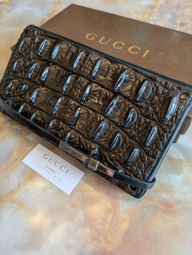 GUCCI ホーンバッククロコダイル×カーフレザー長財布　艶ブラック　直営店購入