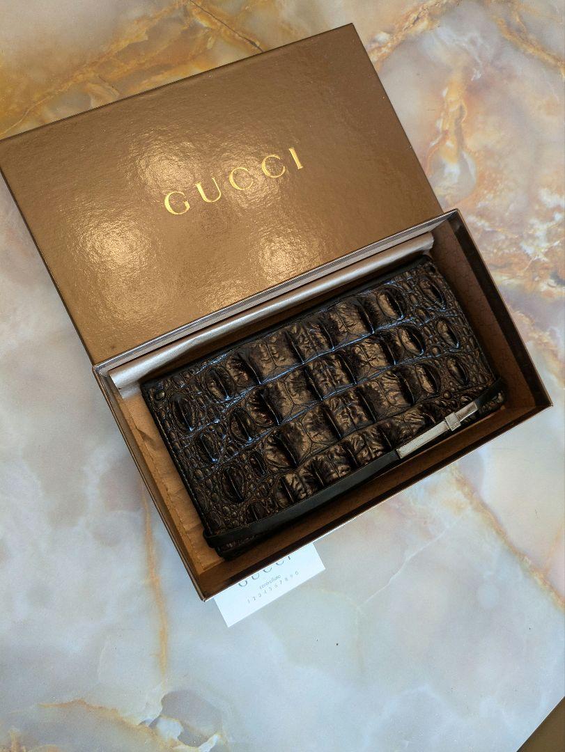 GUCCI ホーンバッククロコダイル×カーフレザー長財布　艶ブラック　直営店購入