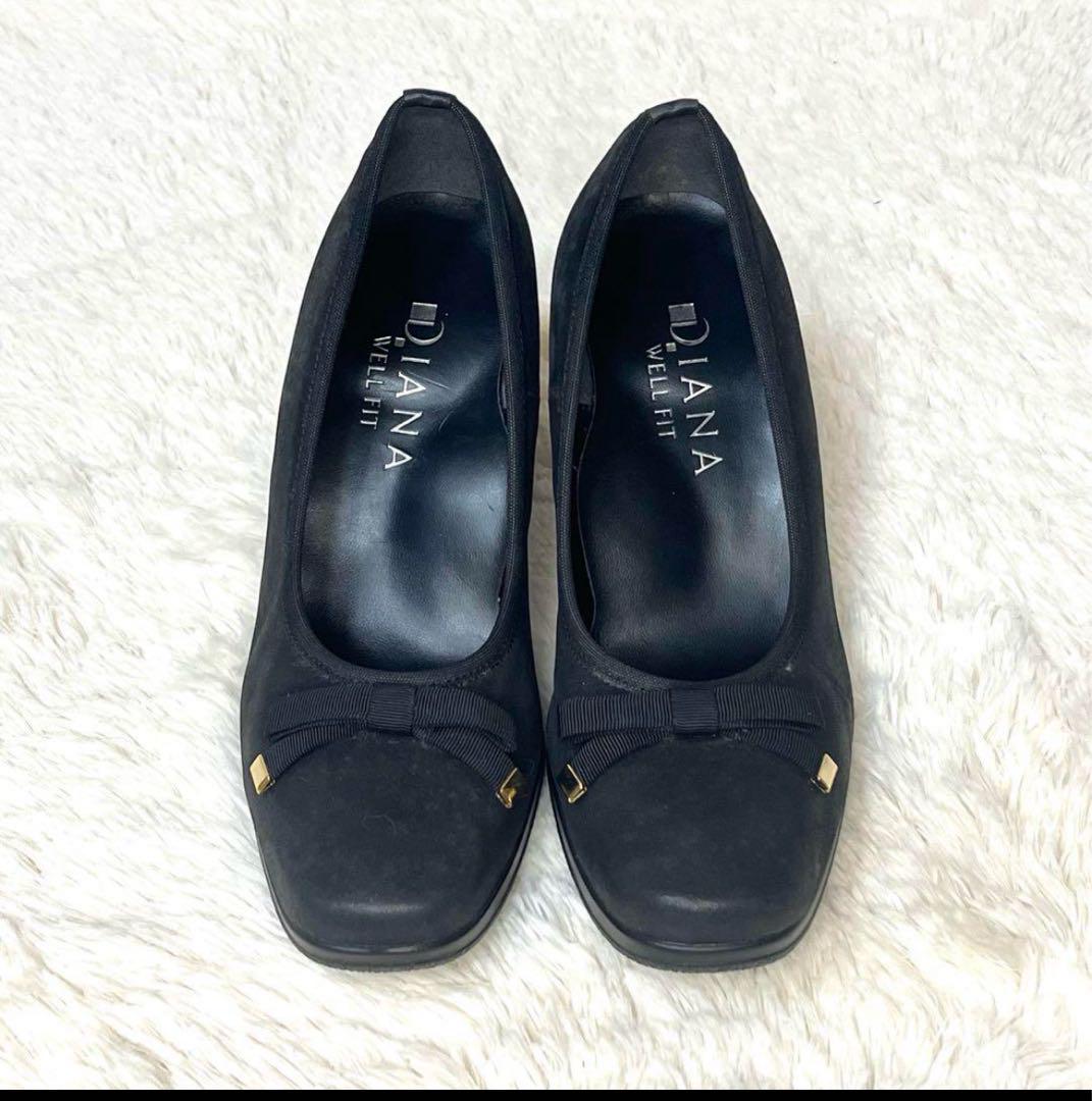 新品＊未使用DIANA WELLFIT黒リボン付きパンプス ダイアナ パンプス フラット 黒 リボン ウェルフィット レザー