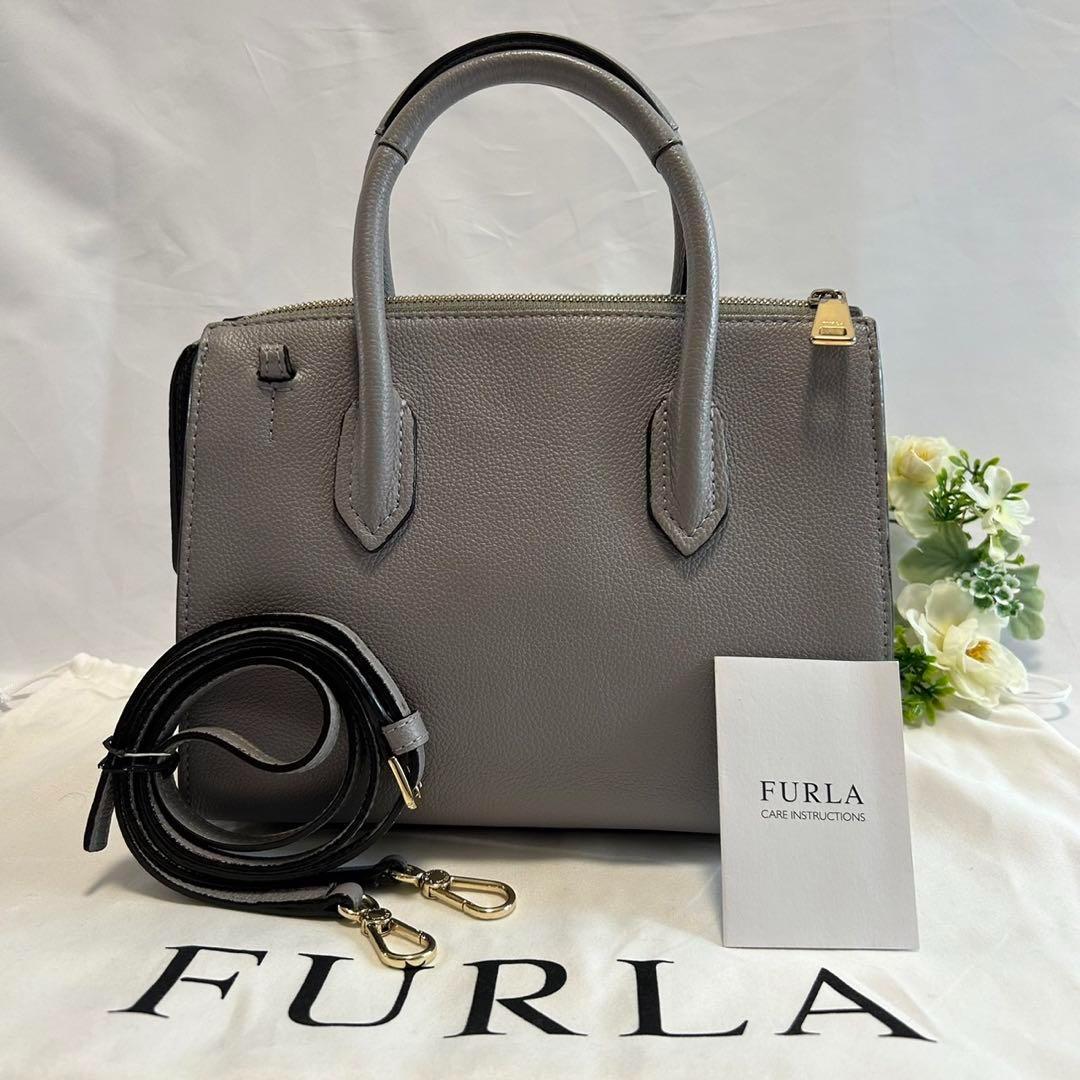 【美品】フルラ 2way ショルダーバッグ グレー レザー 肩掛け 斜め掛け