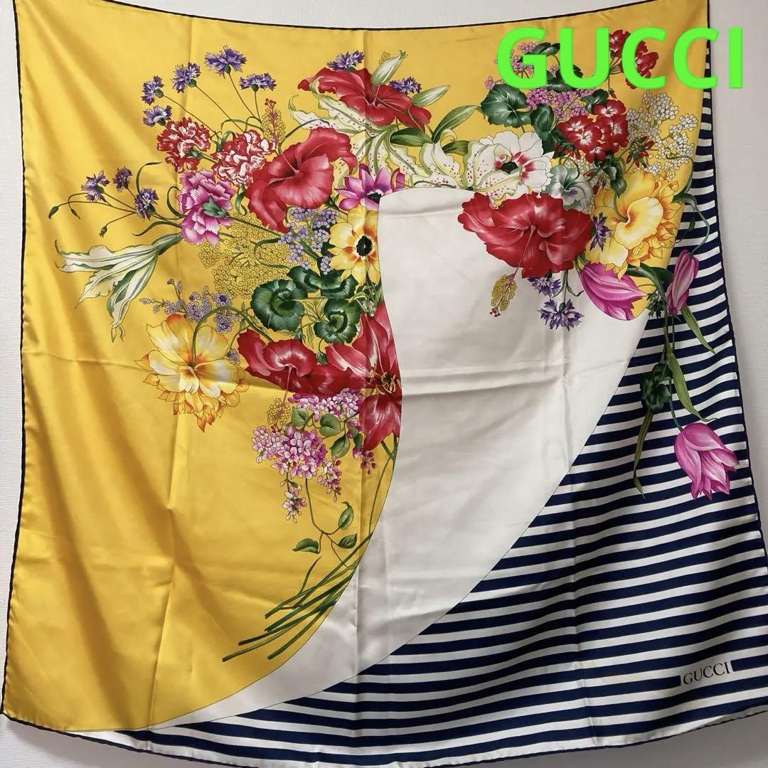 GUCCI　グッチ　シルク100%スカーフ　花柄　ストライプ