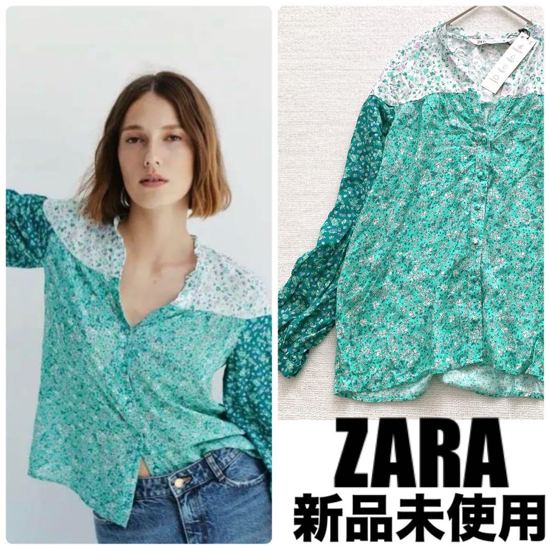新品未使用 ZARA ザラ ブラウス プルオーバー 総柄 花柄 七分袖 緑 S
