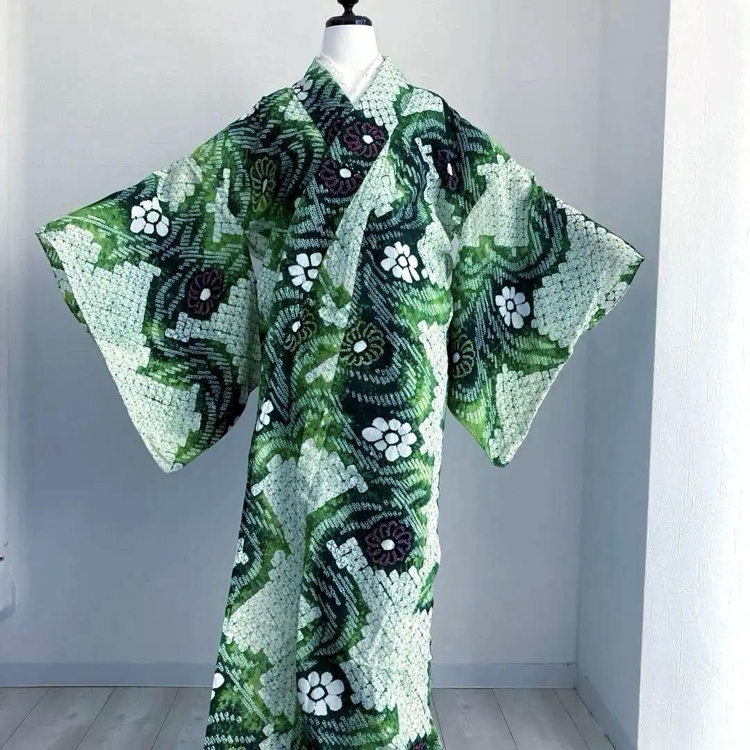 有松絞り・蜘蛛絞り浴衣　綺麗なグリーン　身丈165cm No.5-m218