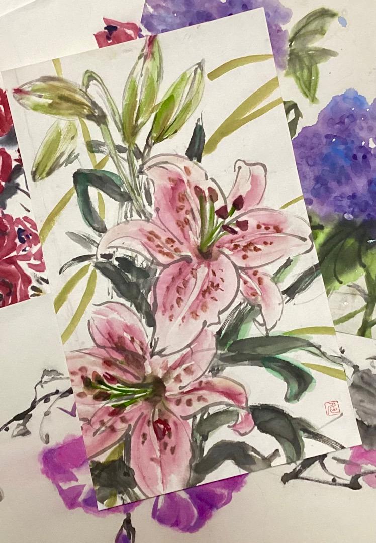 『百合リリー』ユリの花 墨絵アート 水墨画 インテリアアート 雑貨ギフト 絵画