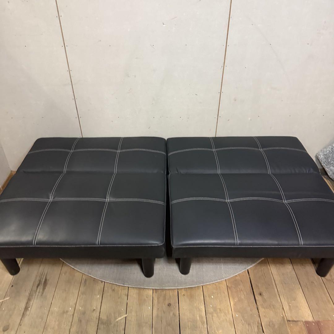 【675】【美品】萩原　黒　合成皮　 2人掛けソファ（1人掛×2）
