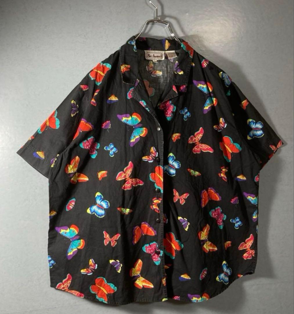 90s00sy2k蝶バタフライ開襟シャツコットンアメリカ古着フェアリーグランジ
