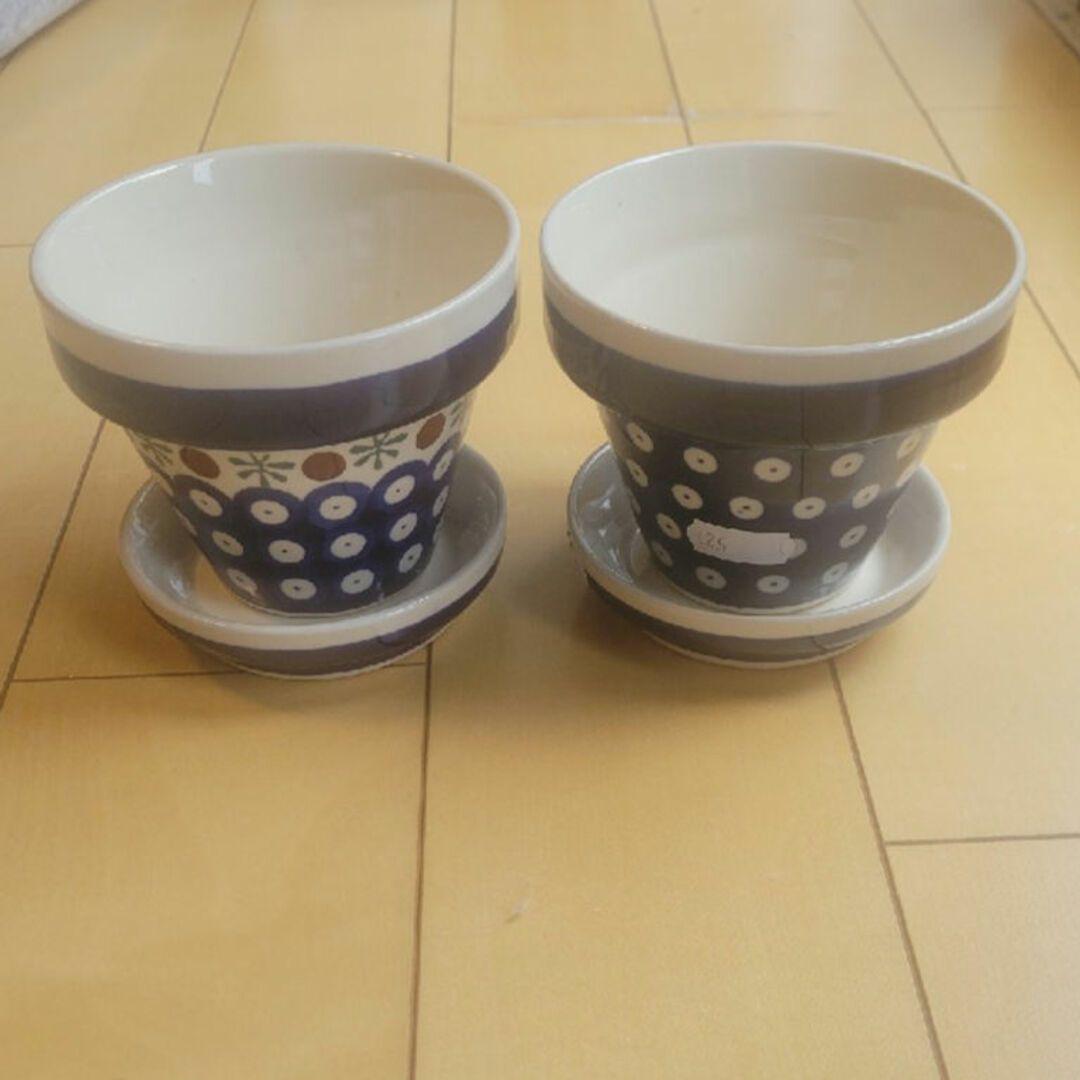 青と白の陶器植木鉢 受け皿付き