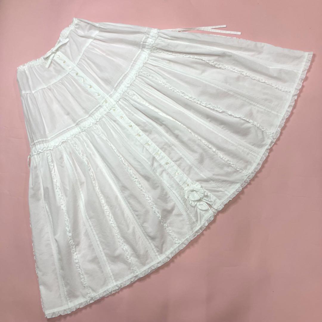 【30％OFF】 ピンクハウス 白 綿ローンスカート ピンタック使い 縦ピコフリル スカート