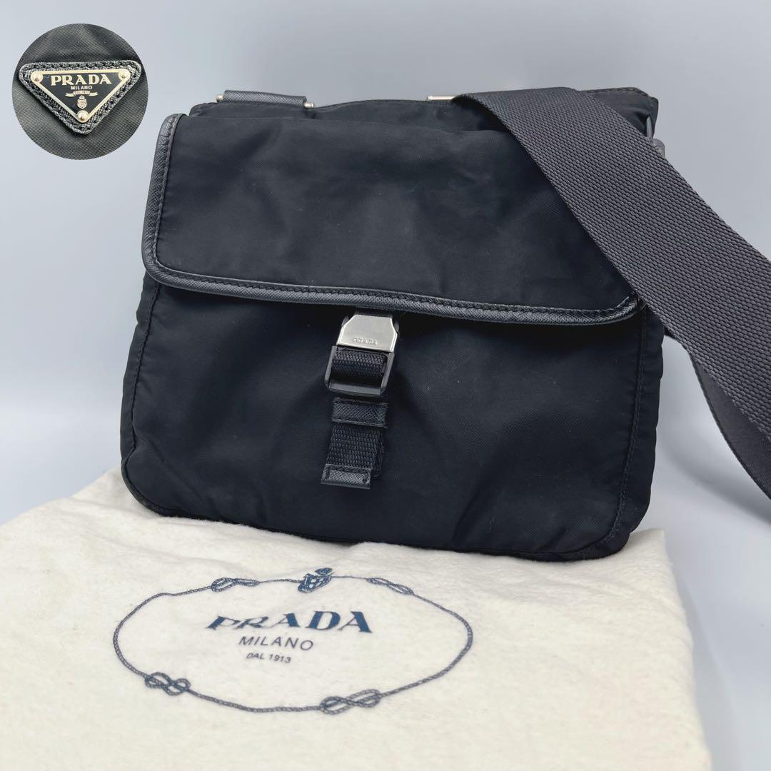 PRADA ショルダーバッグ ナイロン×サファイアーノレザー 三角ロゴ 保存袋付