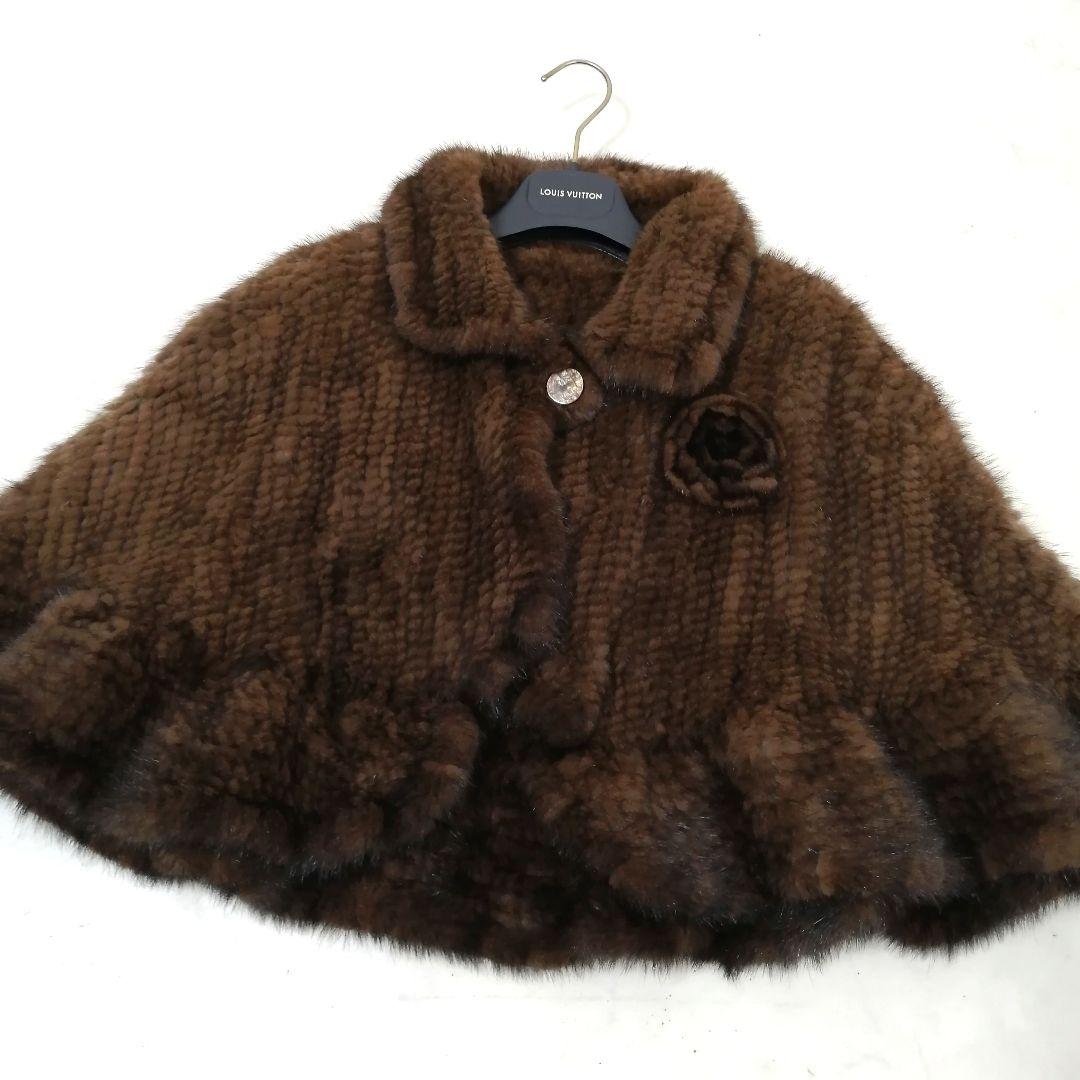 ヤーンミンク 毛皮 ポンチョ ケープ コサージュ フリル 羽織り 上品 SIZE