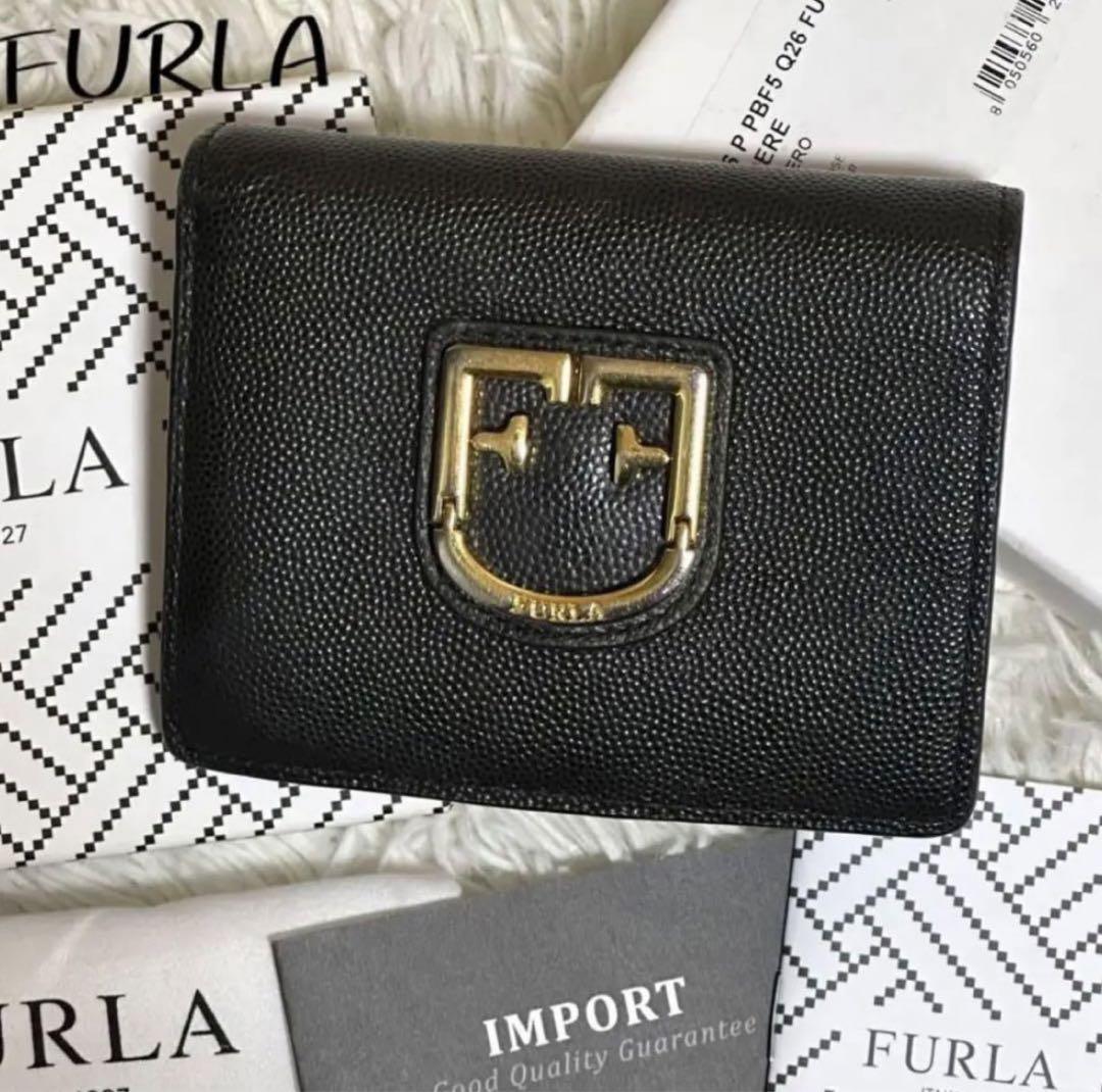 【現行品】フルラ 折り財布 ベルヴェデーレ 黒 ミニ財布 ロゴ金具 二つ折り