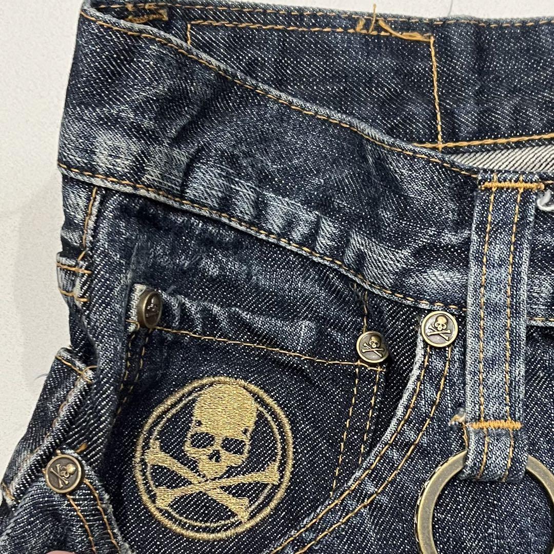 美品 マスターマインド 金糸 スカル 刺繍 ダブルウエスト デニム パンツ 加工 画像6