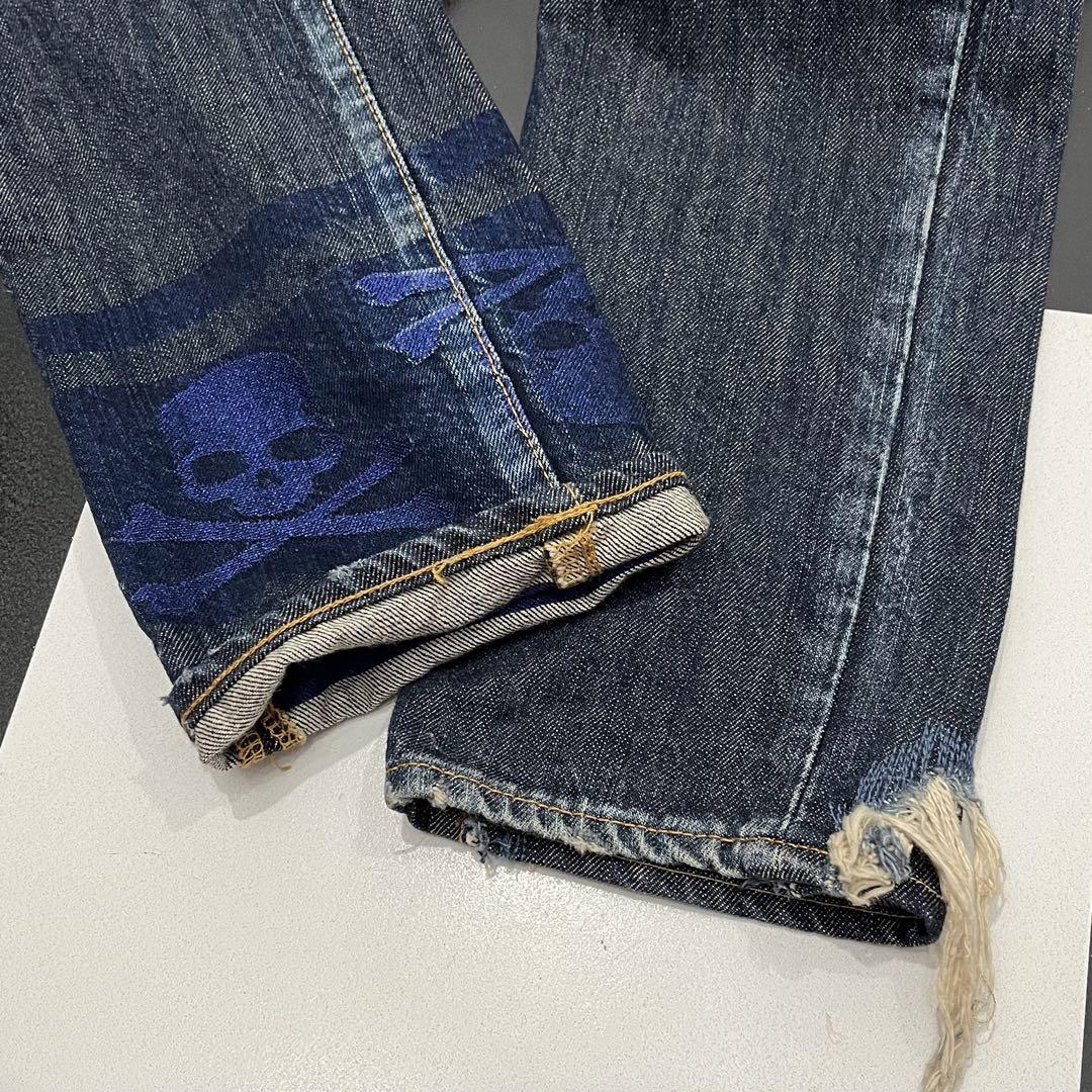 美品 マスターマインド 金糸 スカル 刺繍 ダブルウエスト デニム パンツ 加工 画像8