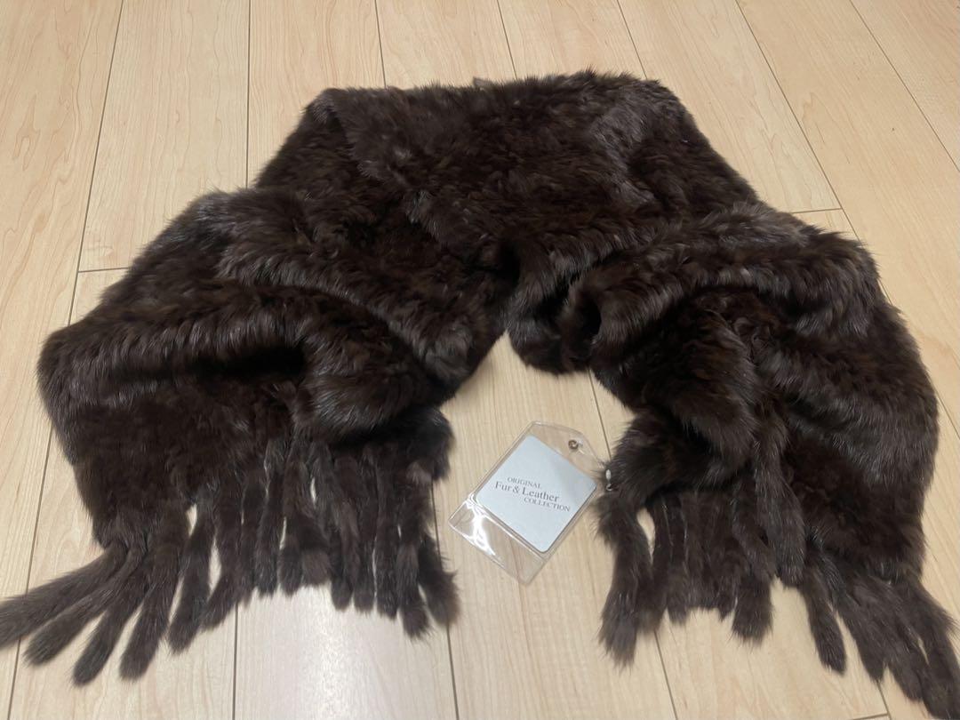 ロシアンセーブル グレー ストール ダークブラウン フリンジ付き35×160cm