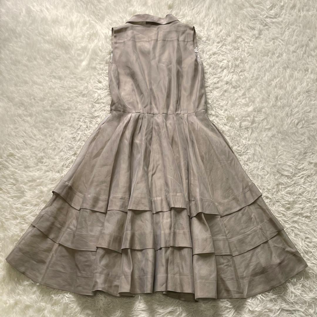 春夏 FOXEY シルク混 ショールカラー ティアード シャツワンピース フレア