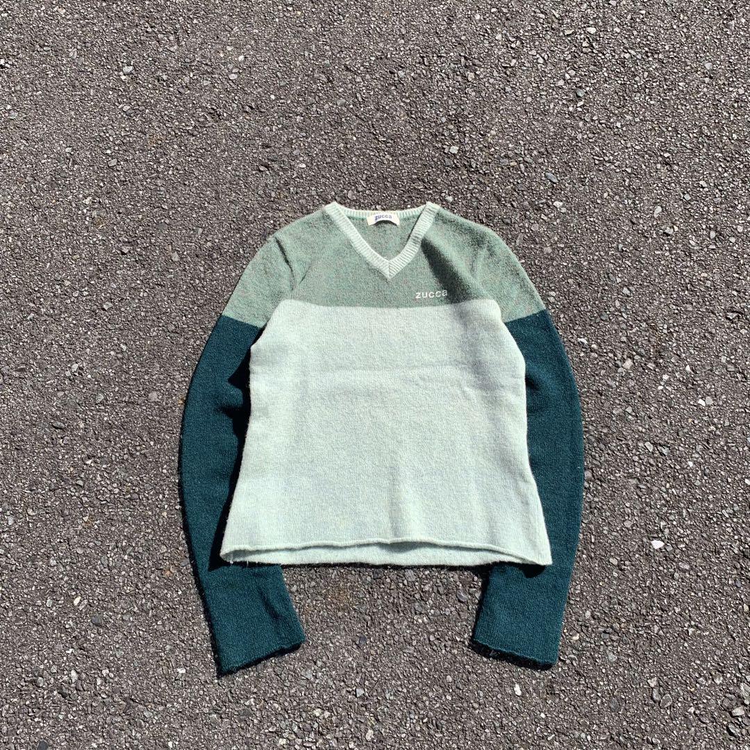 90s ZUCCA ウールニット グリーン vネック イッセイミヤケ期 Y2K